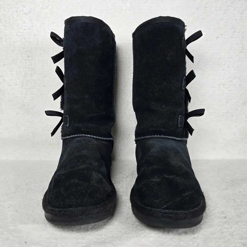 Koolaburra By Ugg Victoria Girls Size 3 Black Suede Fur Lined With Bows #1090330